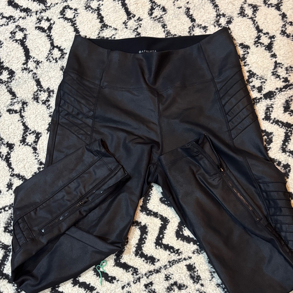 Athleta Delancey Gleam Moto Black Faux Leather Pants Tight